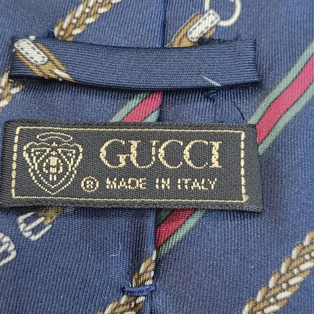 Vintage GUCCI Silk Necktie Navy Web Stripe Belt Rope Equestrian Tie Horsebit